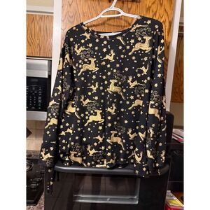 Onque Casual Womens XL‎ Black Gold Metallic Reindeer Star Holiday Sweater Top